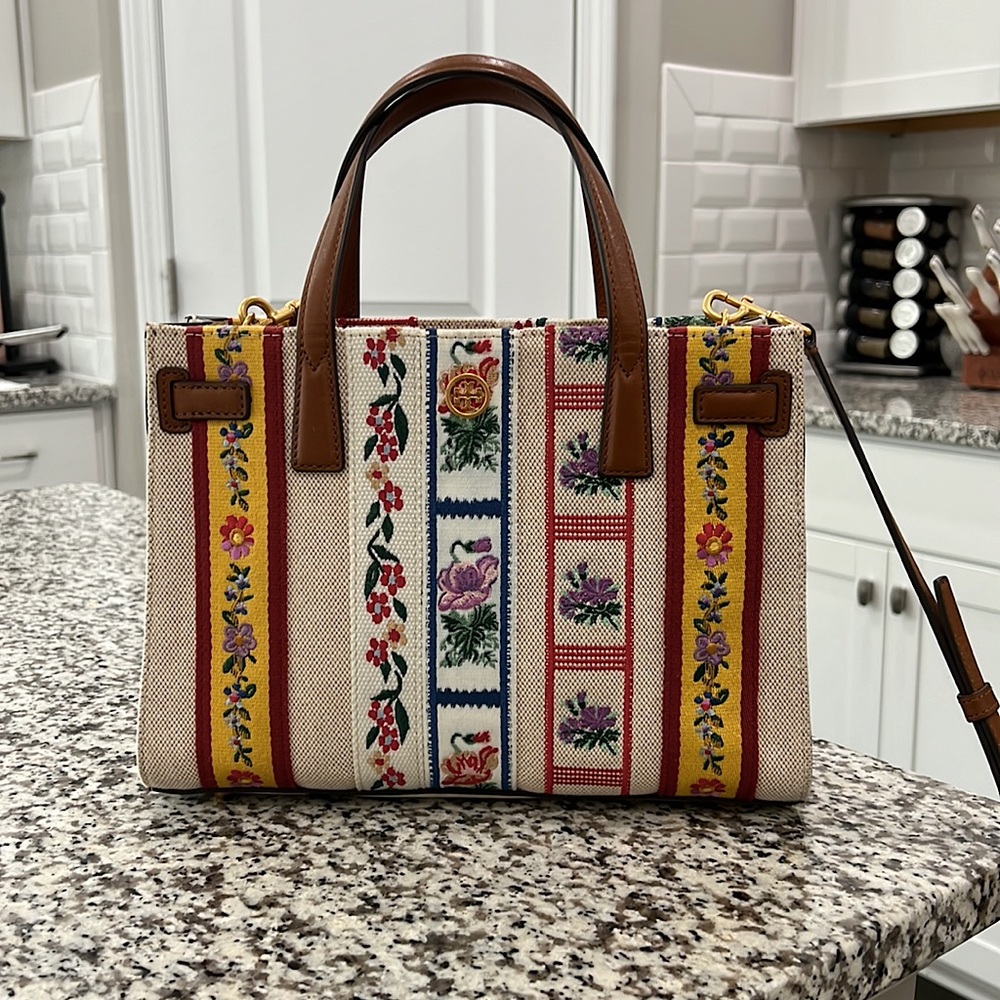 Tory Burch floral embroidered purse with leather strap